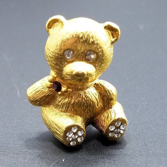 Gold Tone Teddy Bear Brooch Rhinestones Red Bow Vintage Figural Pin - Picture 10 of 10
